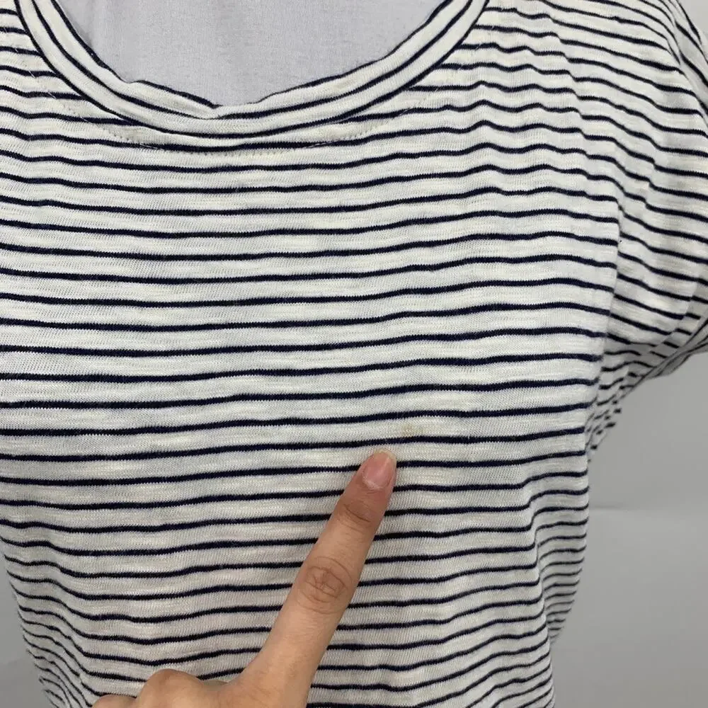 J Crew Dress Womens S Small White Navy Cotton Striped Tie Waist Crew Neck Mini